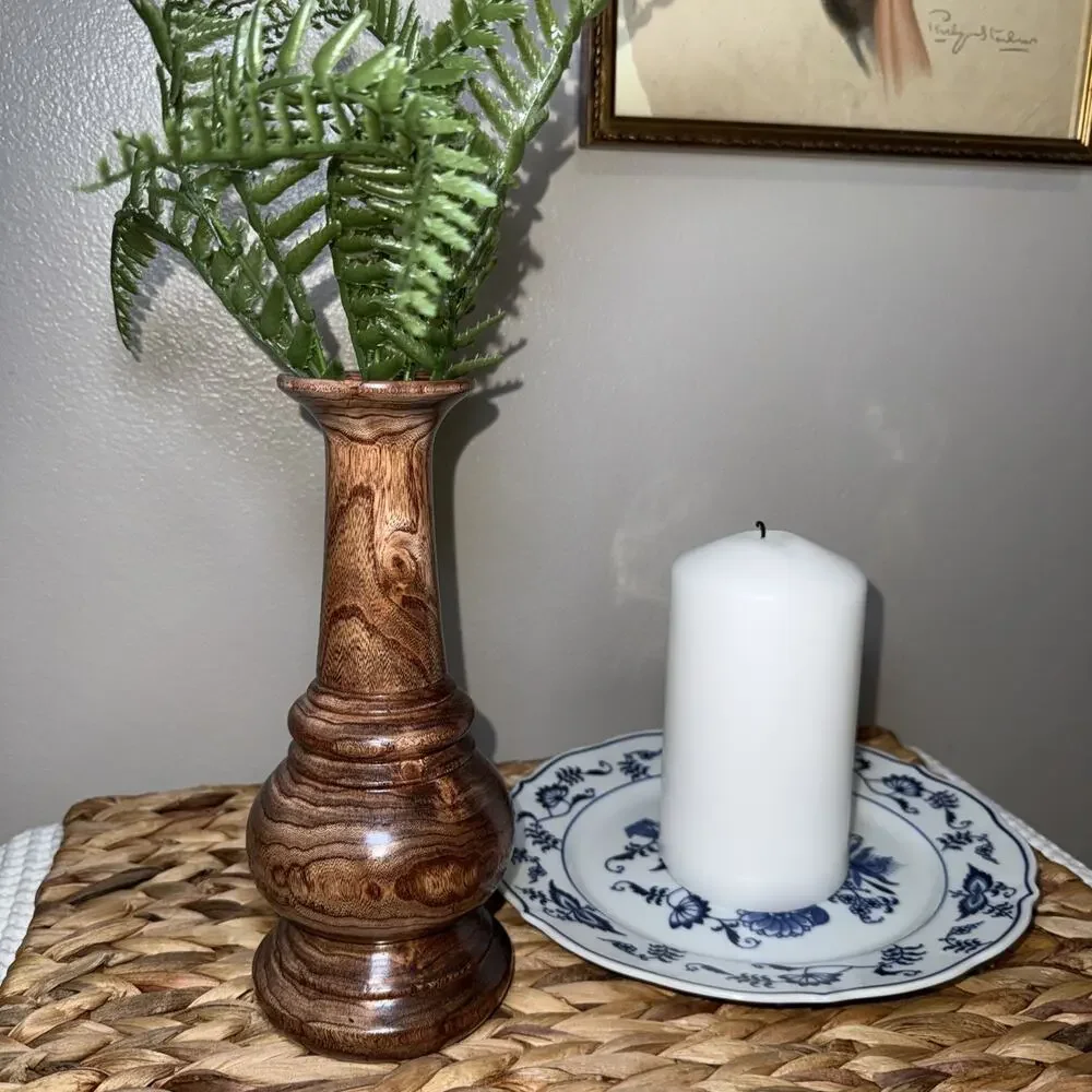 Vintage Hand Turned Wood Vase AKS 54 Mid Century Modern Organic Decor 8.5